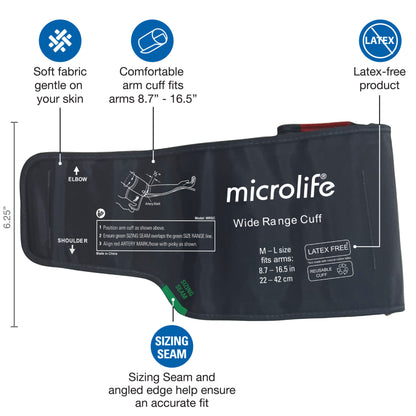 Wide-Range Blood Pressure Cuff, Fits Upper Arms 8.7”-16.5″