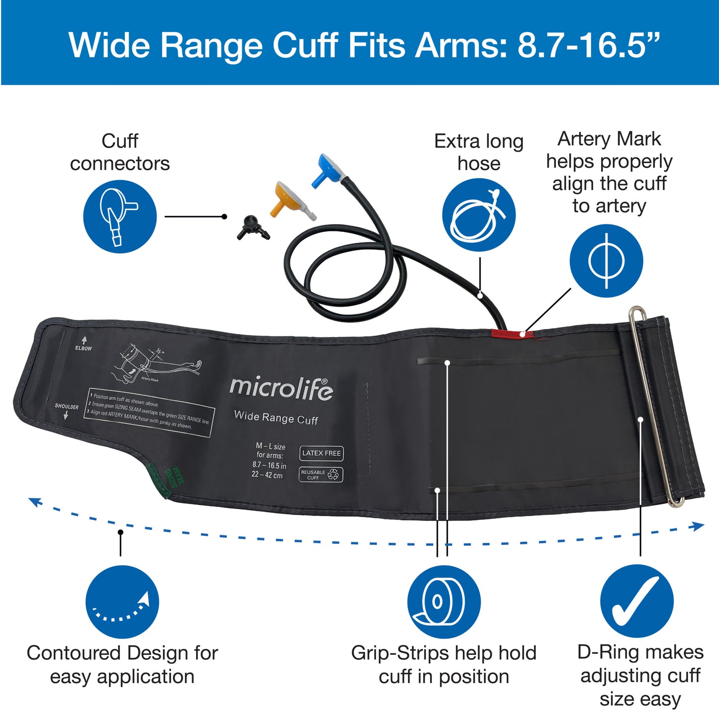 Wide-Range Blood Pressure Cuff, Fits Upper Arms 8.7”-16.5″