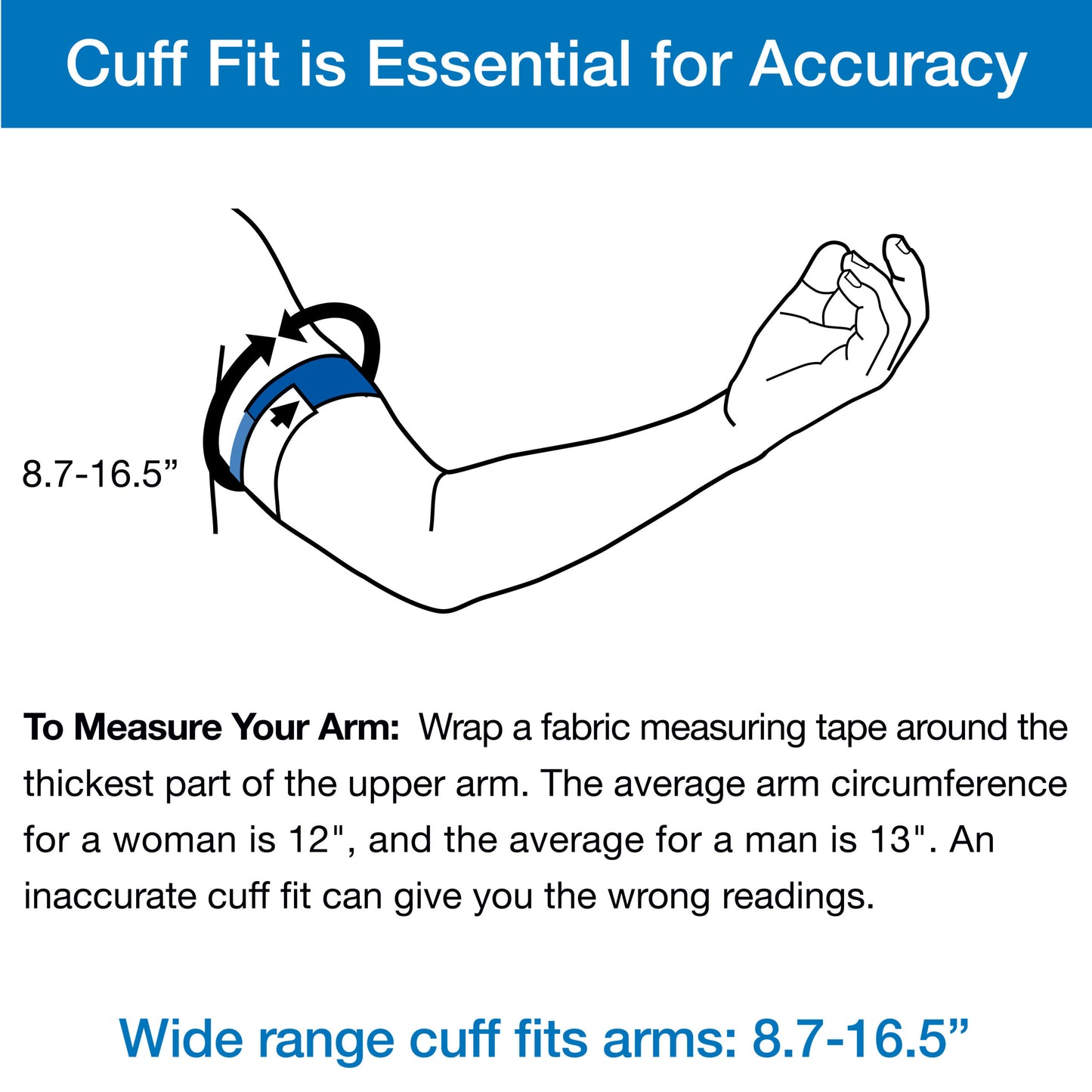 Wide-Range Blood Pressure Cuff, Fits Upper Arms 8.7”-16.5″