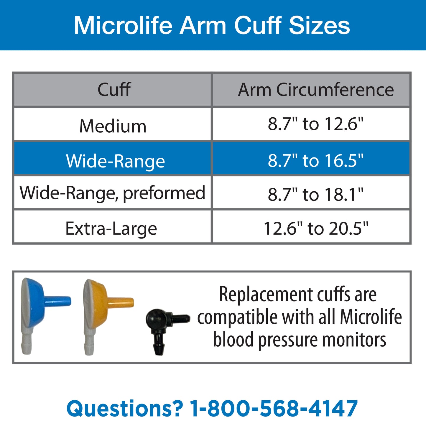 Wide-Range Blood Pressure Cuff, Fits Upper Arms 8.7”-16.5″